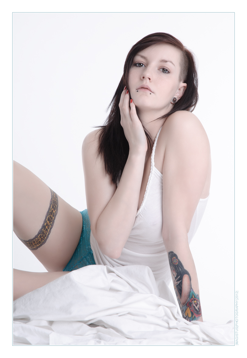 Together with You - Sexy Underwear Photo with sweet tattoo model wearing white tank top sitting in the bed -  © by Magistus