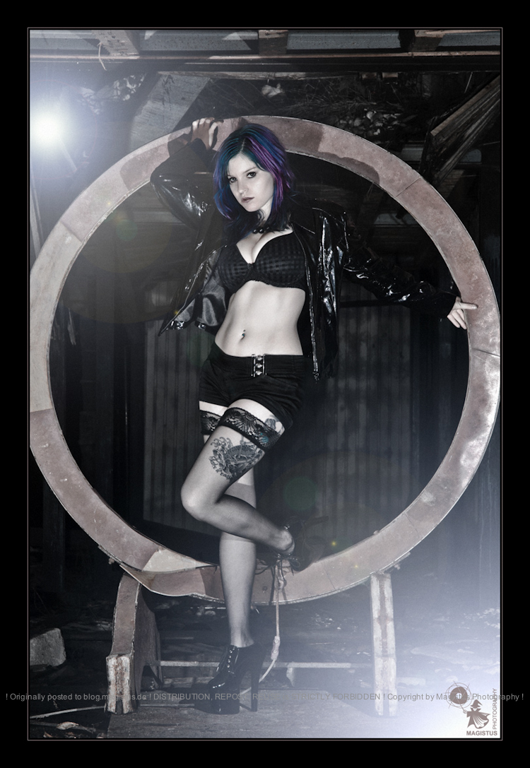 The Circle - Outdoor Dark Fashion Shooting with beautiful model wearing balck hotpants, stockings and a black bra posing in ruines - Photo © by Magistus