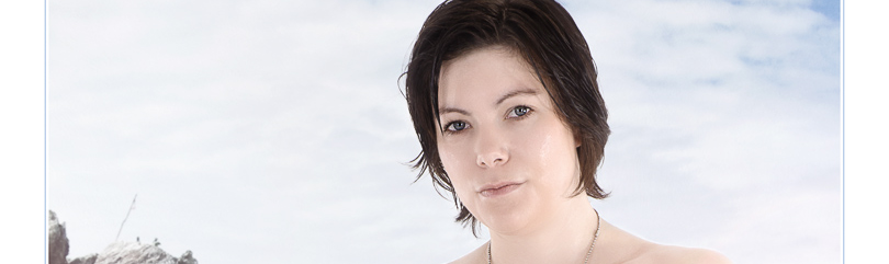 Fighters Beach - Erotic Nude Art Composing with sexy topless model wearing dog tags and very tight and short jeans hotpant and a gun in a holster - HEADER SMALL Photo © by Magistus