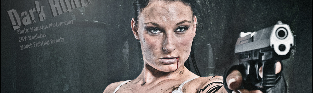 Dark Huntress - Erotic Fightergirl Composing with busty and mega hot model posing covered in dirty with a gun in a dark place wearing a wet and dirty tank top covering only a half of her big boobs. - © by Magistus