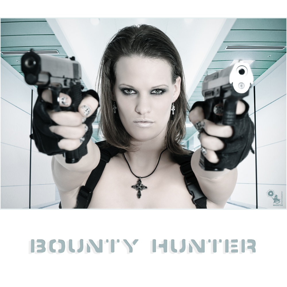 Bounty Hunter - Fightergirl Portrait Photo with super cool model holding two guns straight to the camera.  - Artwork © by Magistus - Backround © marchcattle - Fotolia