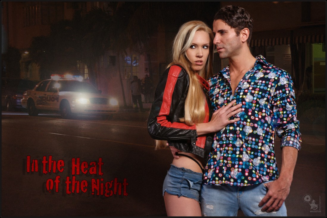 In the Heat of the Night - Sexy Retro Shooting with a sexy Girl in Jeans hotpantes and a tough guy. - Artwork © Magistus - Background © Immo Schiller - Fotolia.com