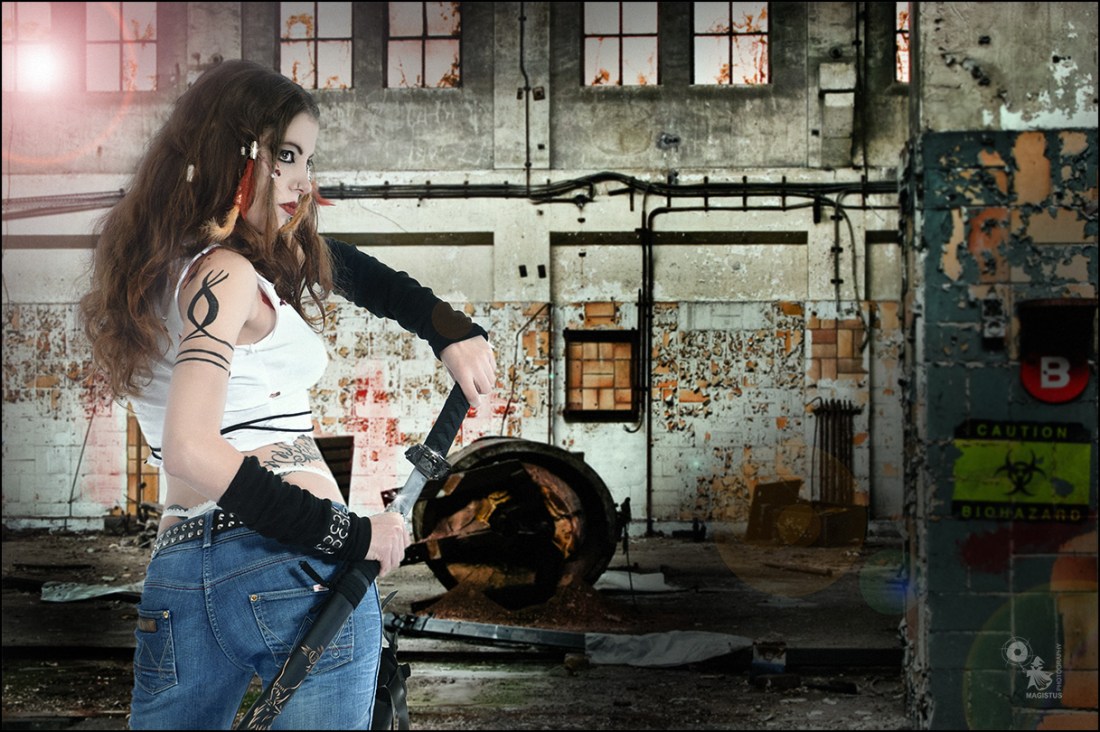 Caution Hazard - Dark Future Fightergirl Composing with beautiful jeans girl wearing a samurai sword and a short top. - © by Magistus