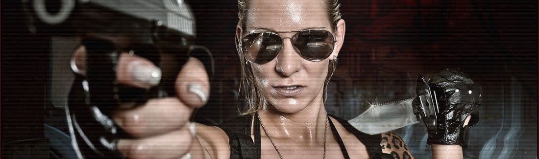 Dangerous Surveilance - Erotic Fightergirl Composing with fantastic sexy model wearing sunglasses and a hot and fully transparent bikini top showing her nipple piercings pointing with a gun into the camera. - © by Magistus