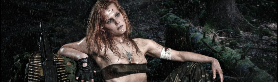 Fighters Rest - Erotic Fightergirl Composing with a sexy girl wearing a half transparent top showing a lot of skin covered in dirt sitting in the rain with weapons around her. - © by Magistus