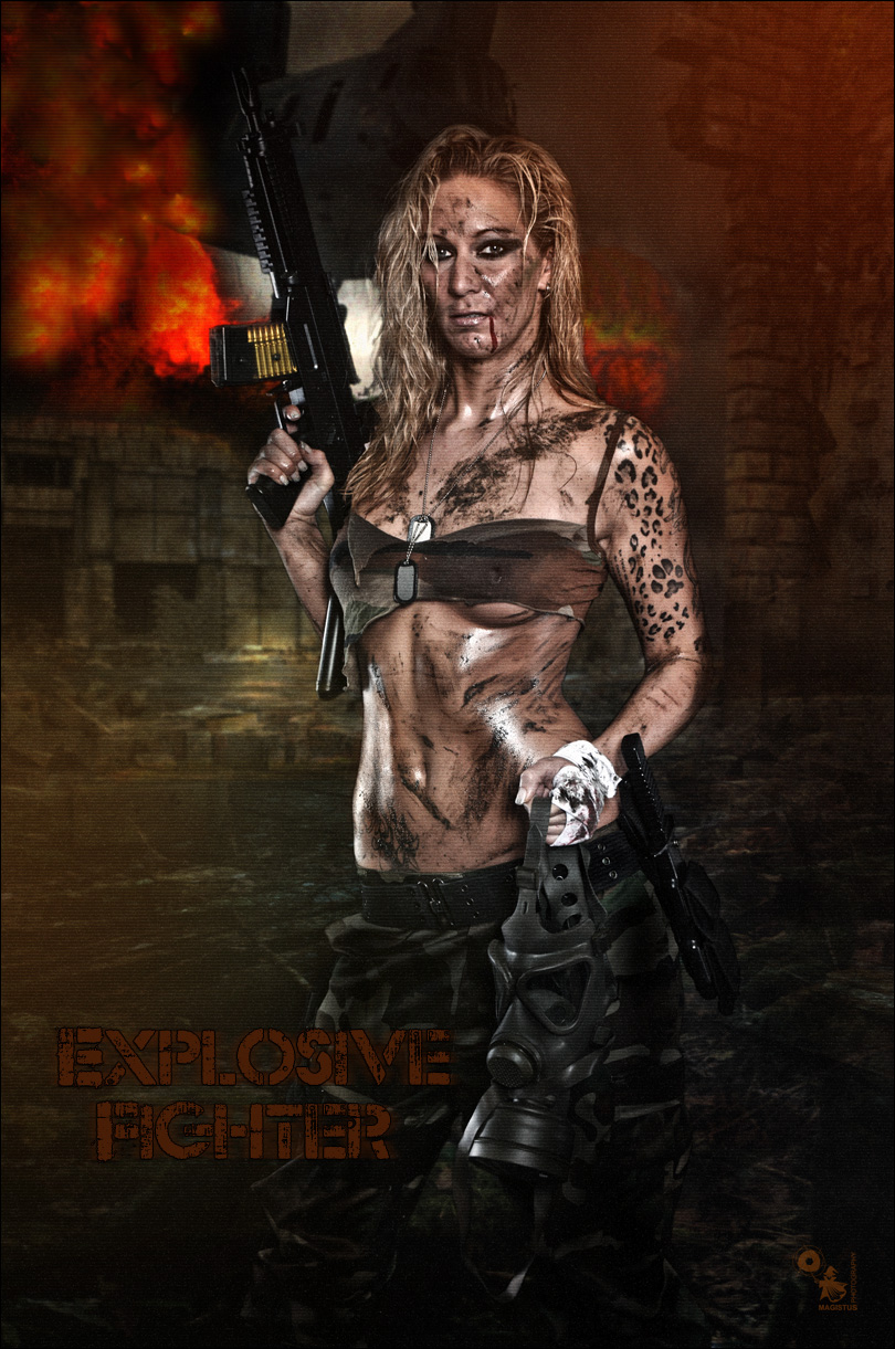 Explosive Fighter - Erotic Art Composing with a super sexy fightergirl posing in th battlefield covered with dirty all over her perfect body. - Composing © by Magistus - Background by BrownzArt http://brownzworx.deviantart.com/ and icholakov - Fotolia.com