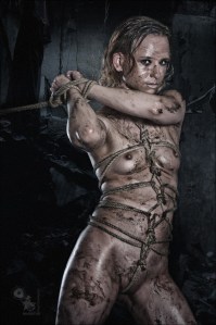 Fetish & Erotic Art: Bound in the Dark - Photoshooting and Composing of fantastic nude model posing in a dark place covered in dirt and bound to her hands - © by Magistus