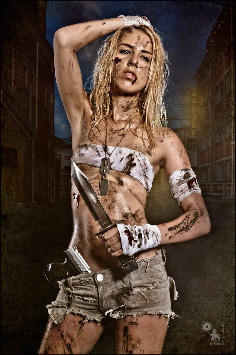 Lost City - Hot & Sexy Fightergirl Composing with sexy odel in tight jeans hotpants and a very small top coverey in dirt all over her body posing with a dagger in a lost city - Artwork © by Magistus - Backround © by BrownzArt (http://brownzart.wordpress.com/category/stockmaterial/)