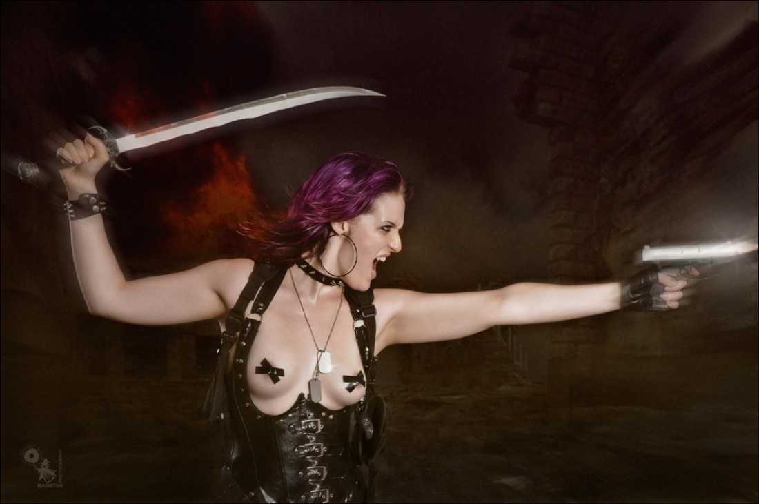 Speed Fight - Erotic Fightergirl Action-Composing with fantastic girl with colorful hair wearing a balck corsage showing her tits with nipples taped with crosses posing with a gun and a sword in front of an explosion - Composing © by Magistus - Background by BrownzArt http://brownzart.wordpress.com