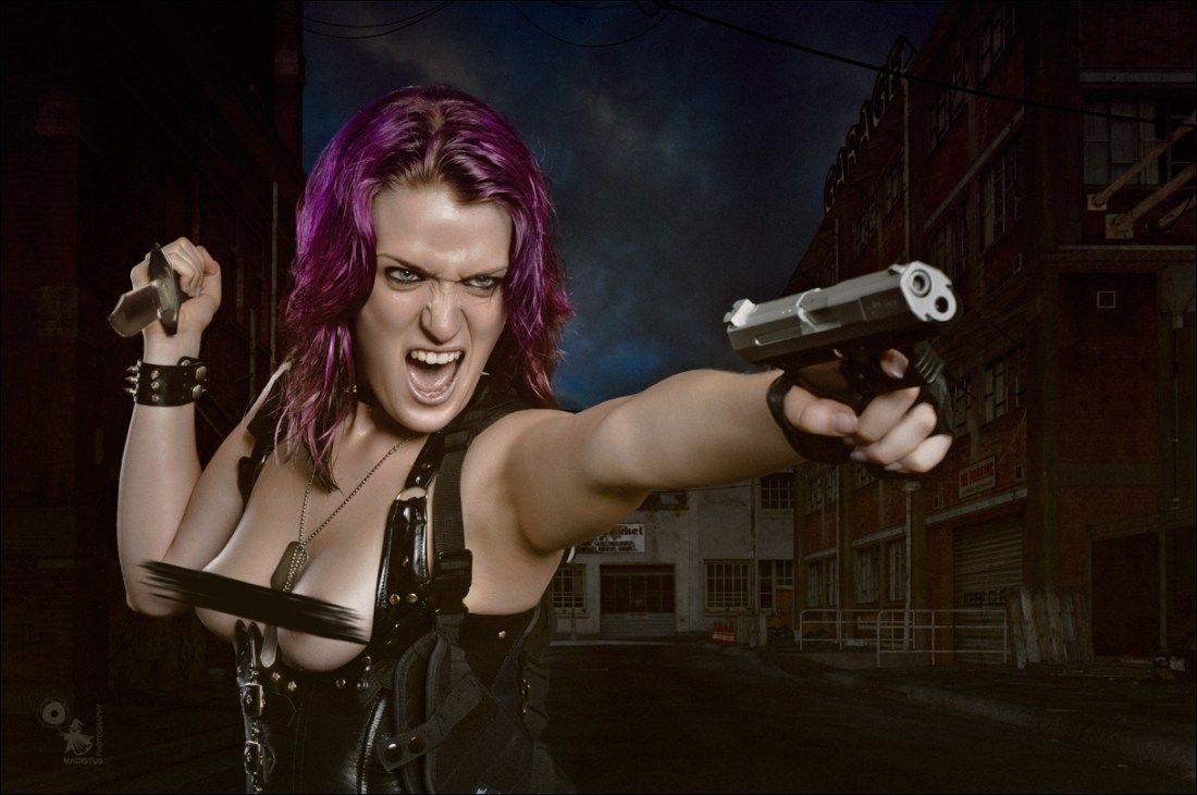 Scream n Fight - Topless Fightergirl Composing with screaming punk girl with a gun fighting topless in a balck corsage showing off her boobs in a dark street.  - Artwork © by Magistus - Backround © by BrownzArt (http://brownzart.wordpress.com/category/stockmaterial/)