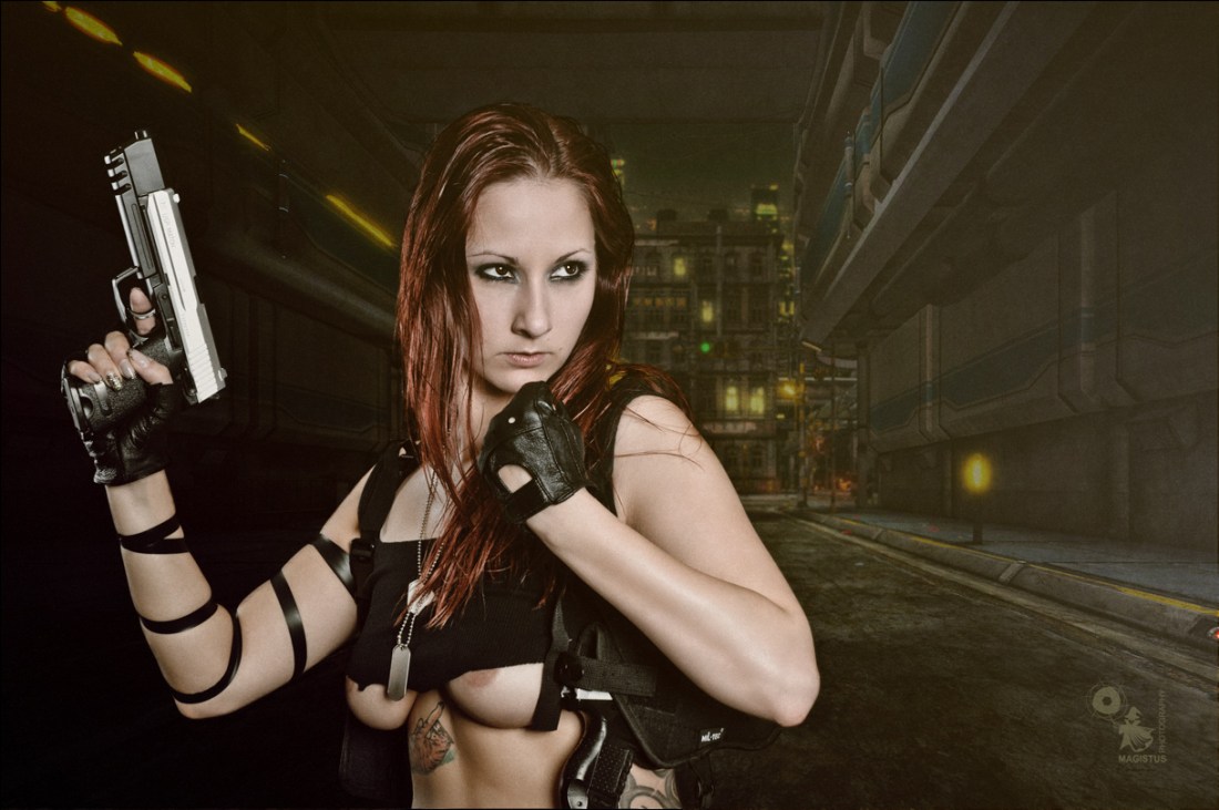 City Hunter - Sexy Fightergirl Composing with a hot redhead girl posing with a large gun in a futuristic street showing her half naked big boobs unter her very shirt top. - Composing © by Magistus - Background by BrownzArt http://brownzart.wordpress.com/2013/03/20/neuer-bastelhintergrund/