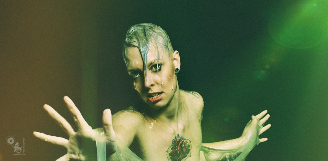 Alien Essence No. 1 - Sexy Messy Nude Erotic Slime Picture with fantastic model posing naked covered in green alien mess. - © by Magistus