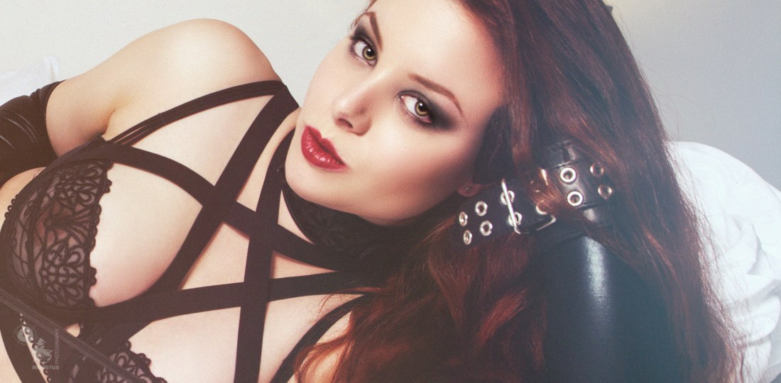 Dominant Beauty - Super hot and sexy Readhead is posing in black half transparent lingerie and leggings with a whip in her hands. - © by Magistus