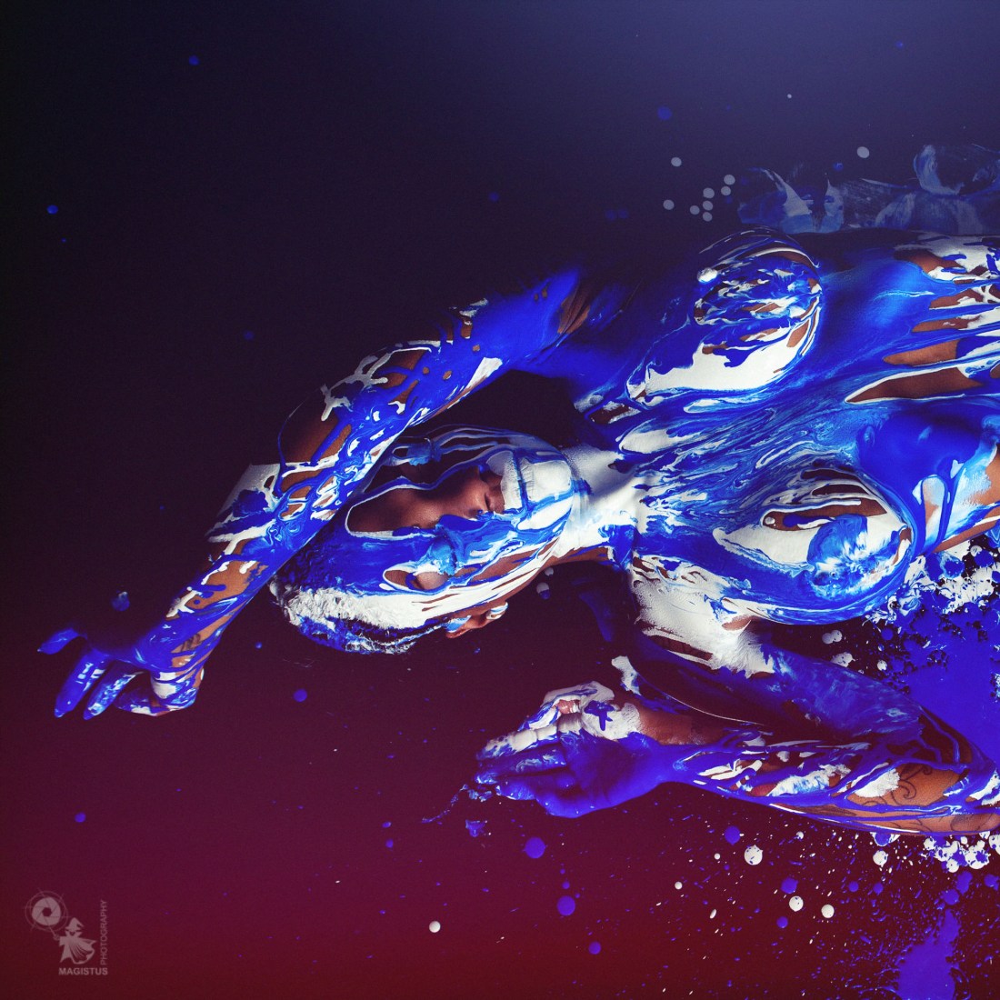 White & Blue - Super beautiful and sexy bodypainting of busty model with white and blue color floating down her naked body - © by Magistus