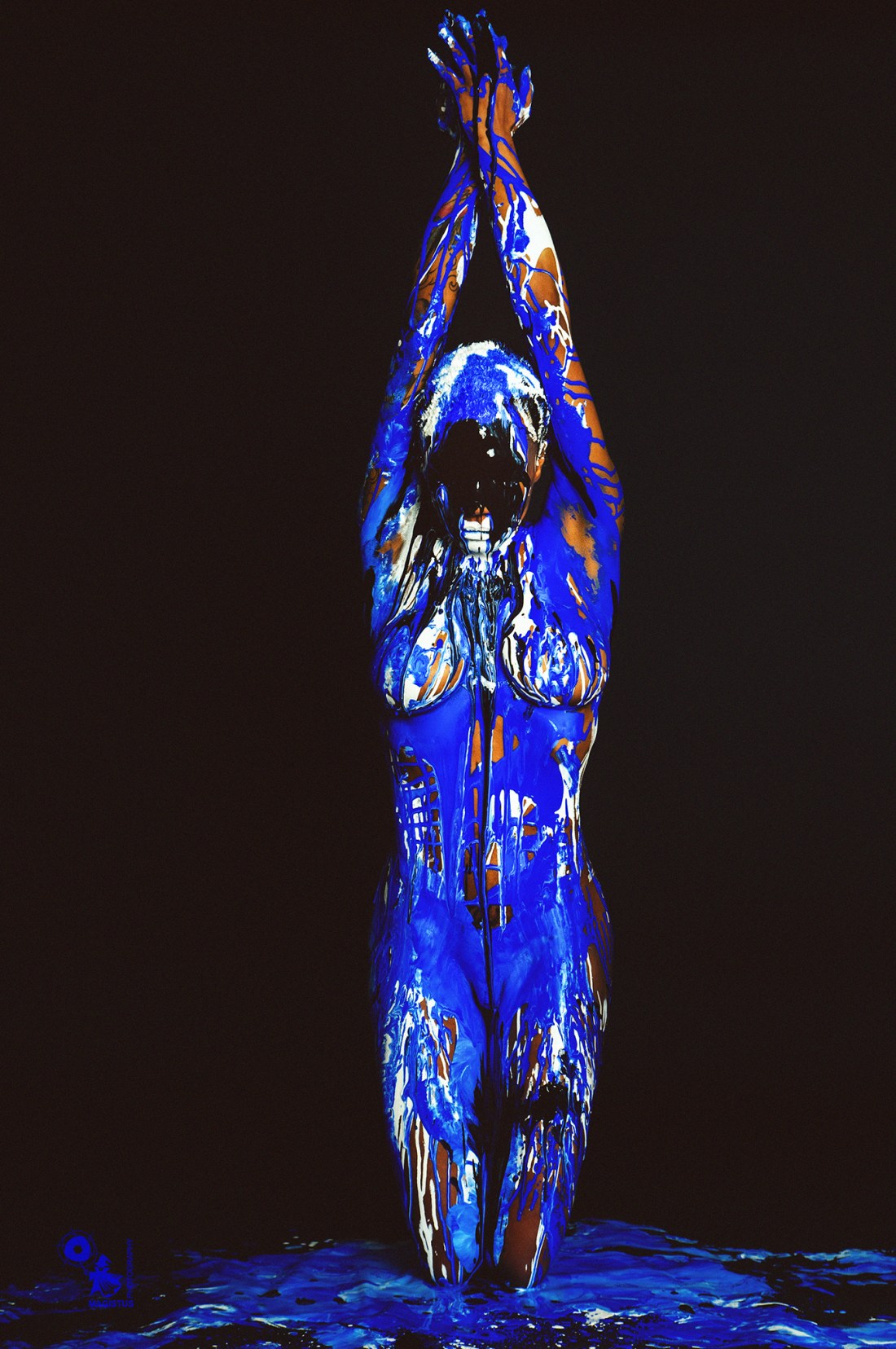 Blue White Black - Fantastic Bodypainting Art with busty model covered in colorful fluid posing naked - © by Magistus