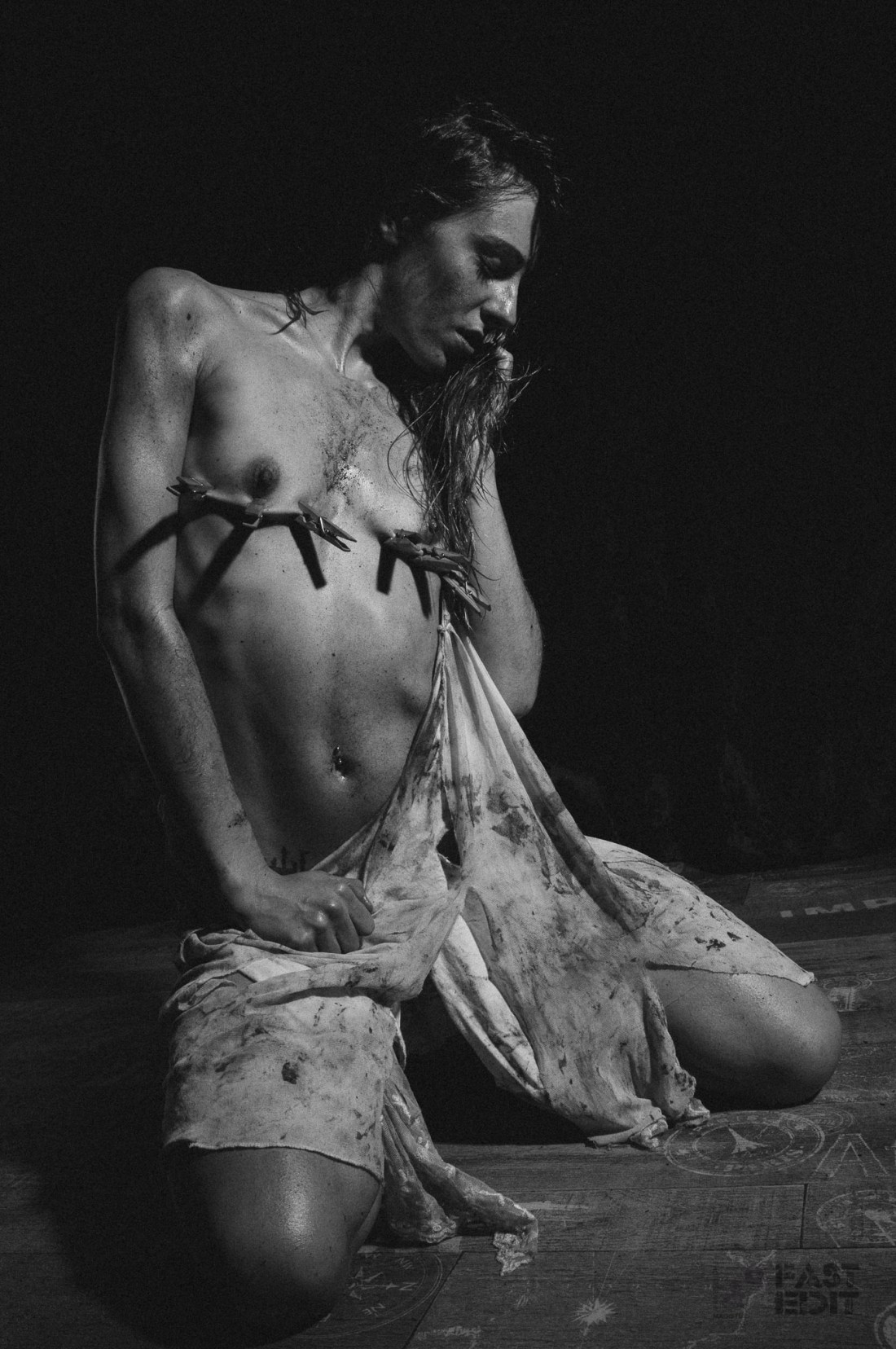 FAST EDIT: Dirty Sweet Pain (12/2015) - super skinny and sexy girl is covered in dirt with her skirt ripped of her body posing topless and half naked with her tits tortured by clamps. - © by Magistus