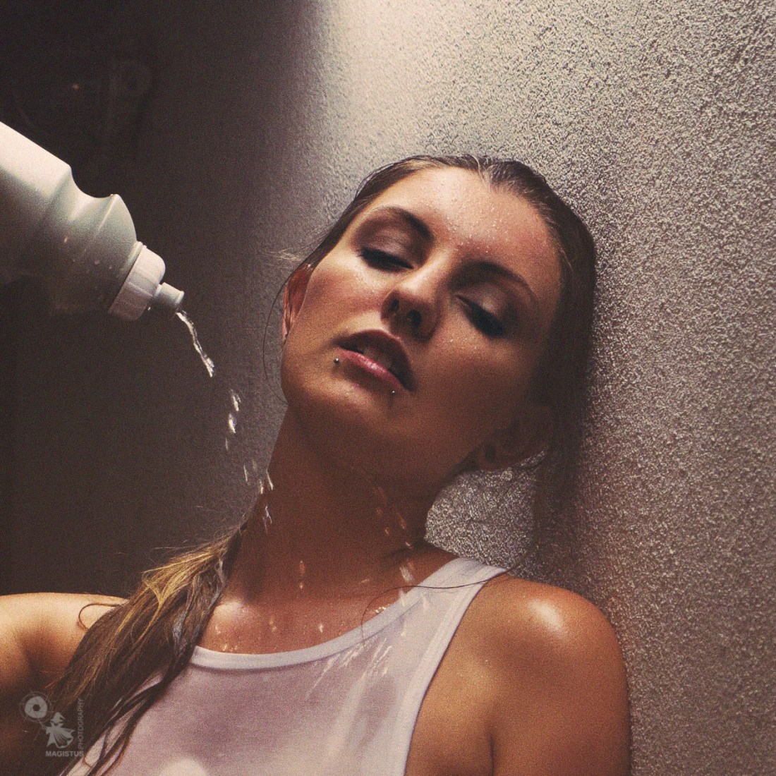 Hot Refreshing - super hot and sexy sporty girl is refreshing herself by puring water over her fantastic half naked body and wetlook shirt showing her super boobs - © by Magistus