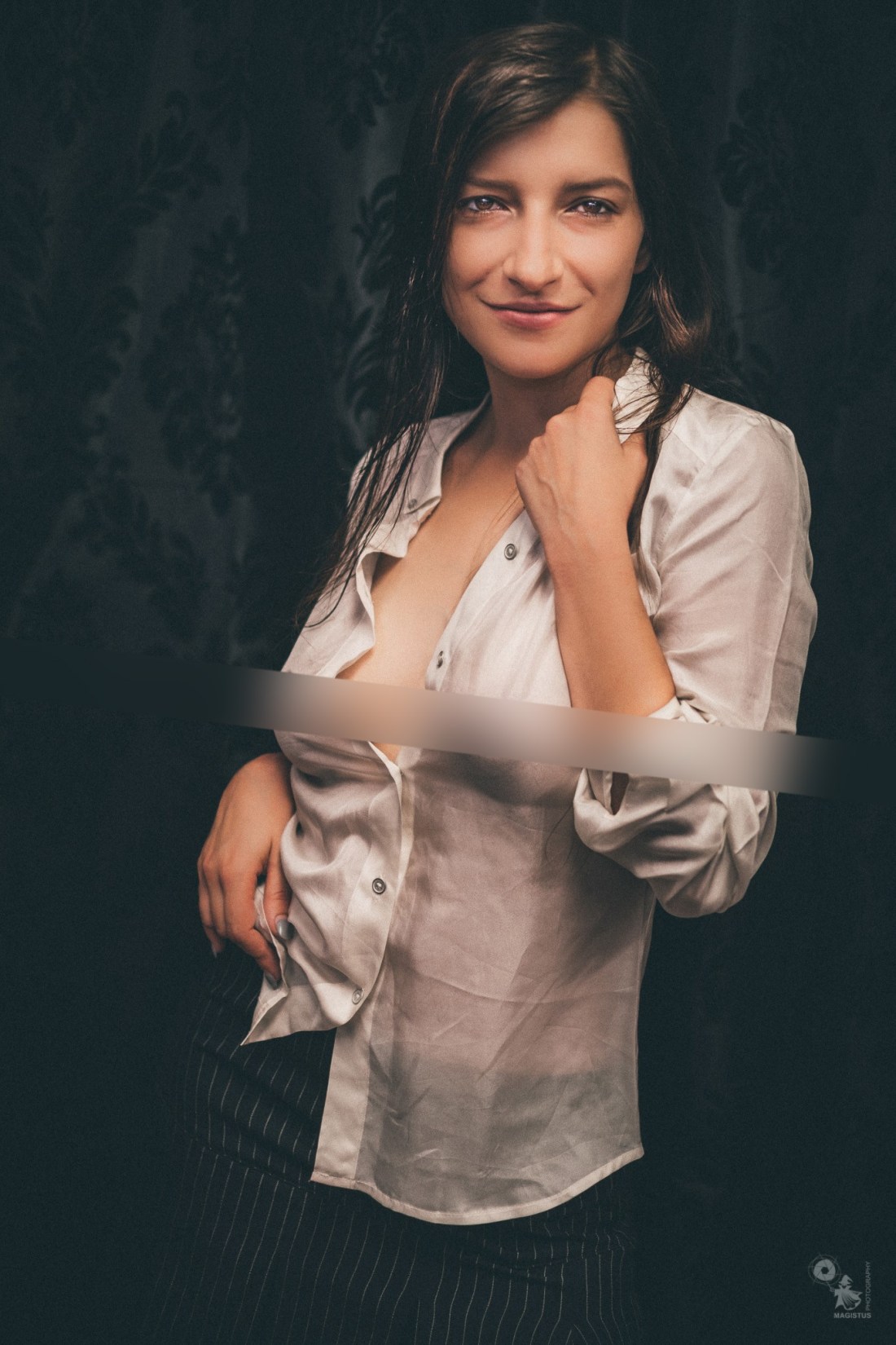 Big cleavage girl in a sheer business dress